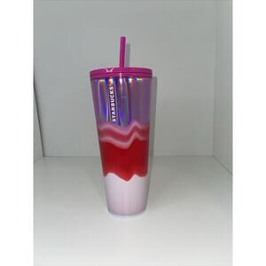 Starbucks 24 oz 2021 Holiday Silver Pink White Wave Cold Cup Tumbler